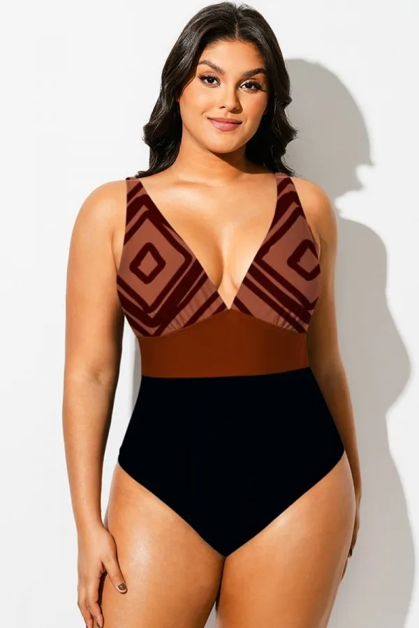 Geometric Colorblock V-Neck One Piece Swimsuit