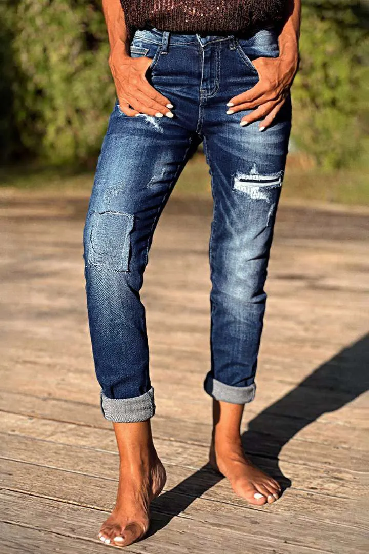 Cut Out Roll Hem High Waist Straight Leg Jeans