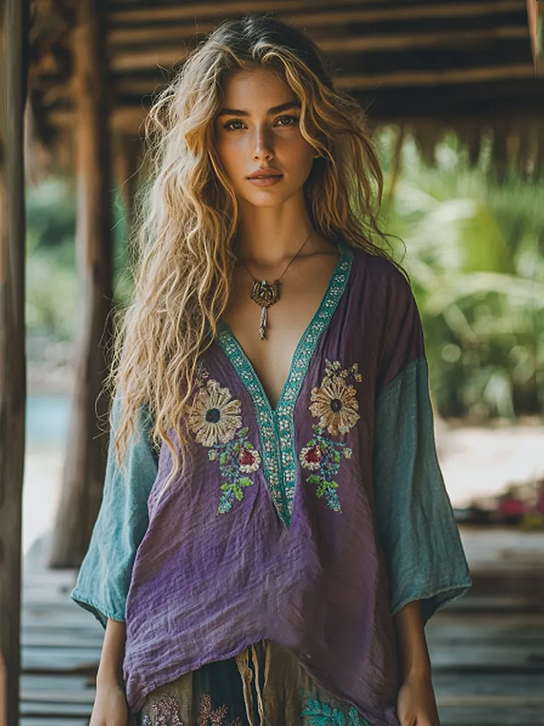 Retro Boho Tribal Floral Art Embroidery Print Cotton And Linen V-neck Loose Shirt