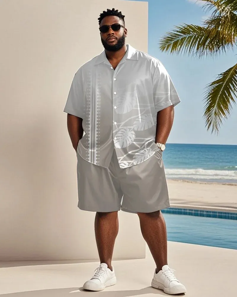 Big & Tall Men's Grey Gradient Coconut Tree Print Shirt and Shorts Suit