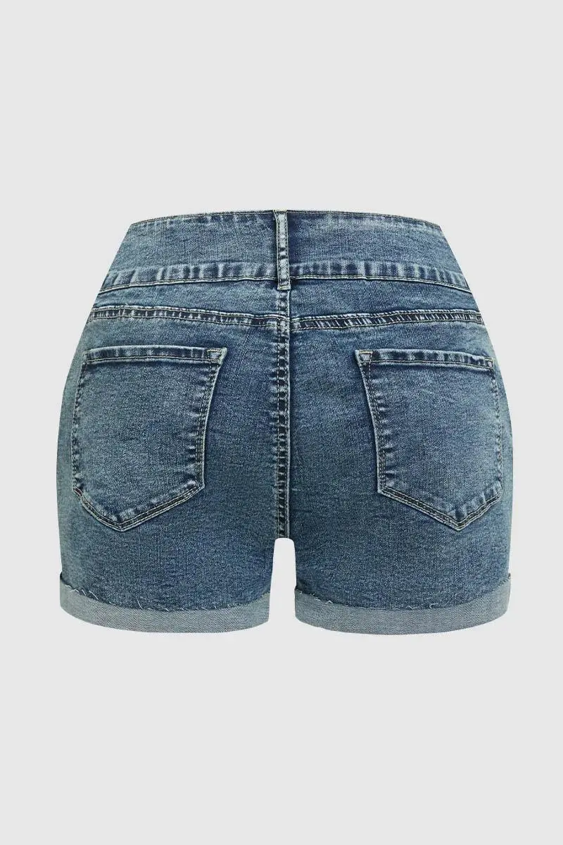 Stripe Ripped Roll Hem Button Fly Denim Shorts