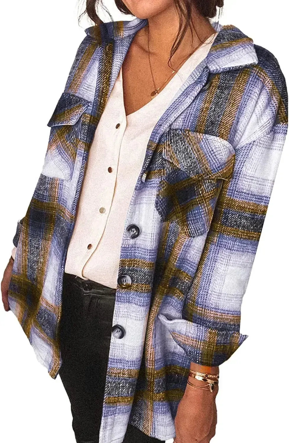 Women's 2023 Fall Clothes Plaid Shacket Jacket Long Sleeve Button Down Flannel Shirts Fashion Blouse