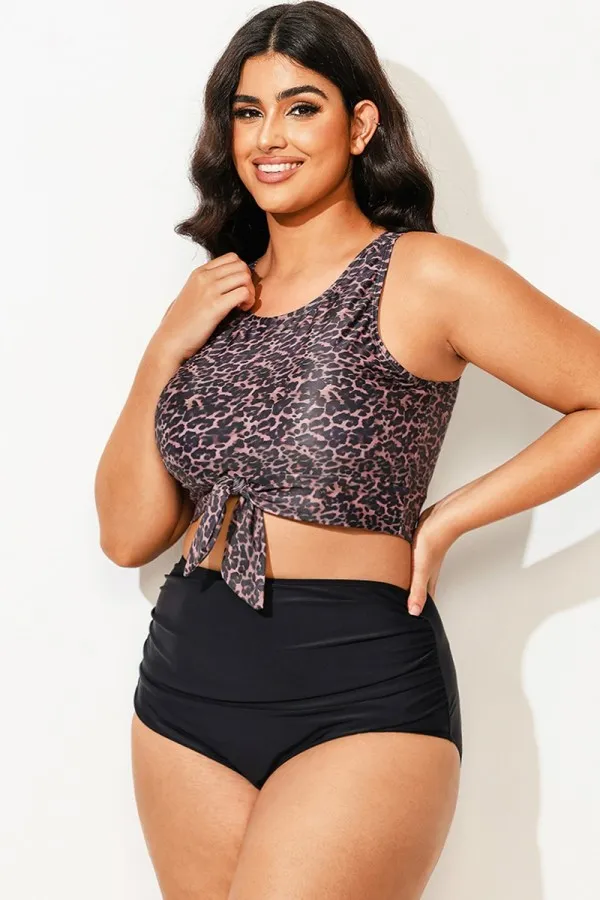 Dark Leopard Print Knotted Crop Bikini Top