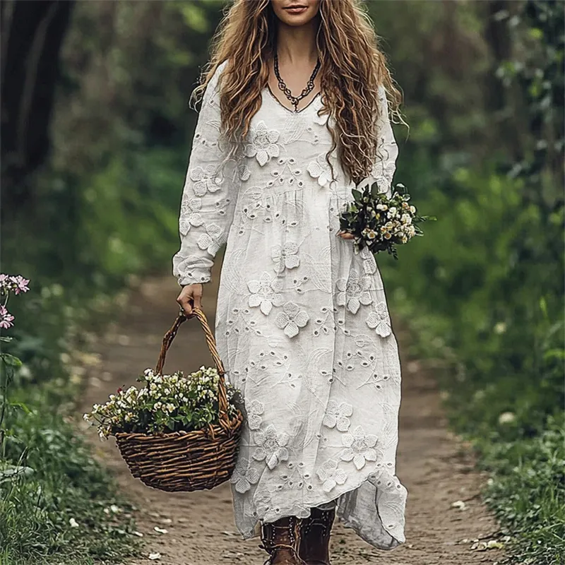 Cottage 3d Floral Embroidery Lace Linen Blend Maxi Dress