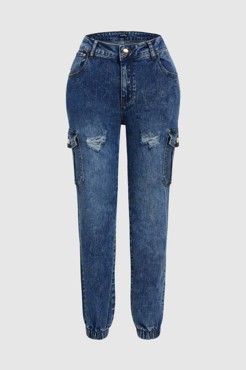 Wash Ripped Flap Pocket High Rise Cargo Jeans