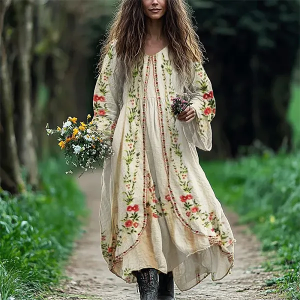 Vintage Boho Floral Flowy Linen Blend Maxi Dress