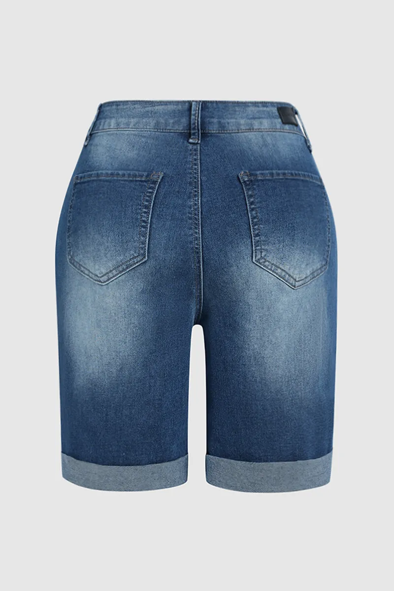 Button Fly Roll Hem Denim Mid Thigh Shorts Without Belt