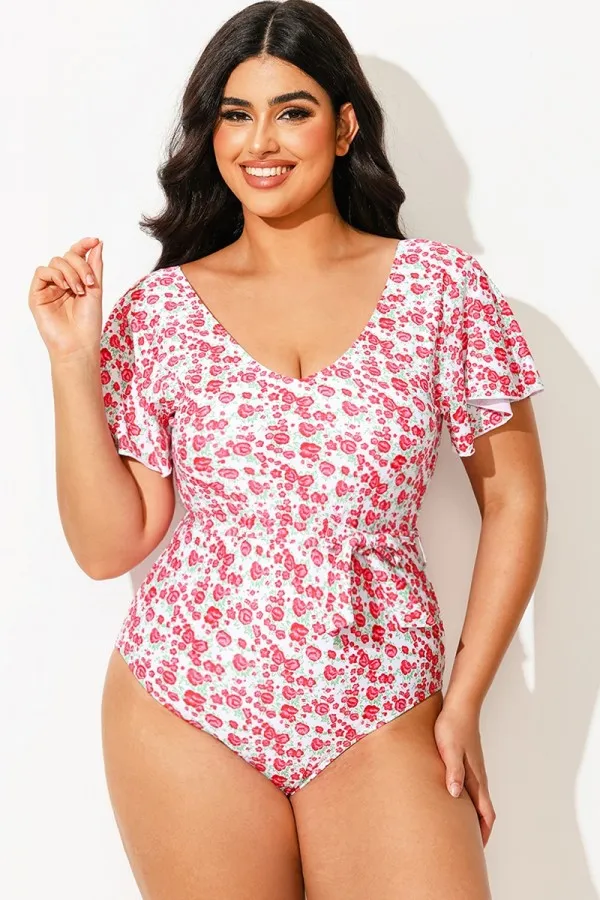 Floral Printed One Piece Swimsuit With Sleeves