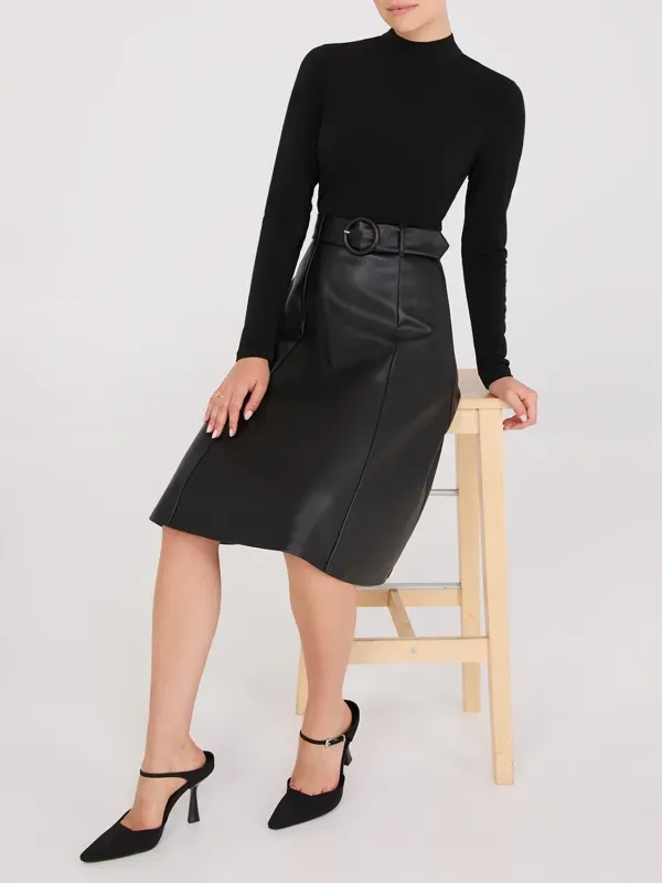 2-Fer Mock Neck Faux Leather Dress