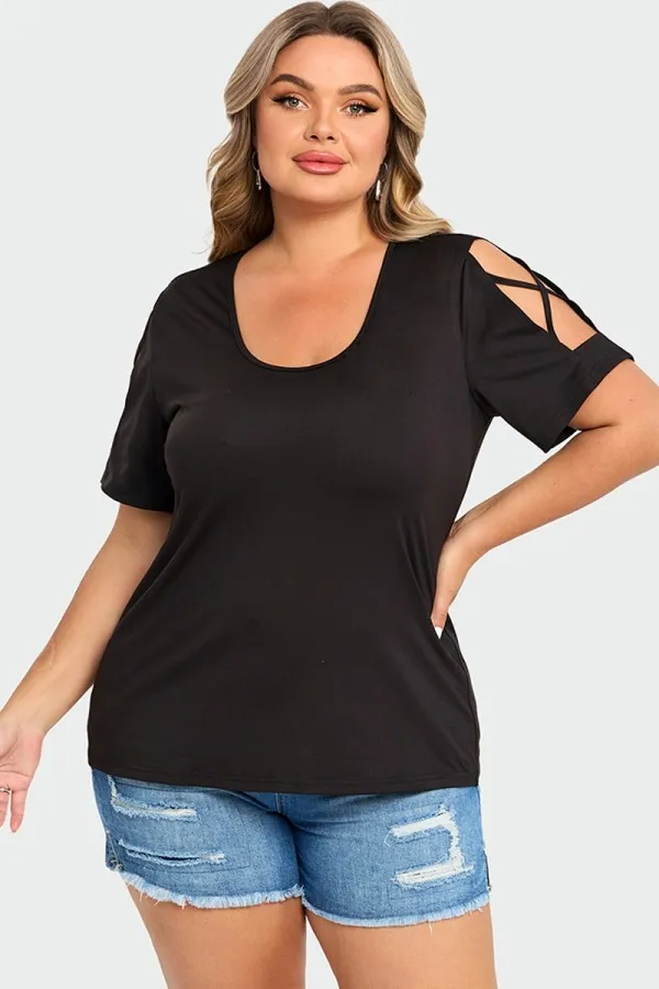 Black Square Neck Lattice Cold Shoulder Top