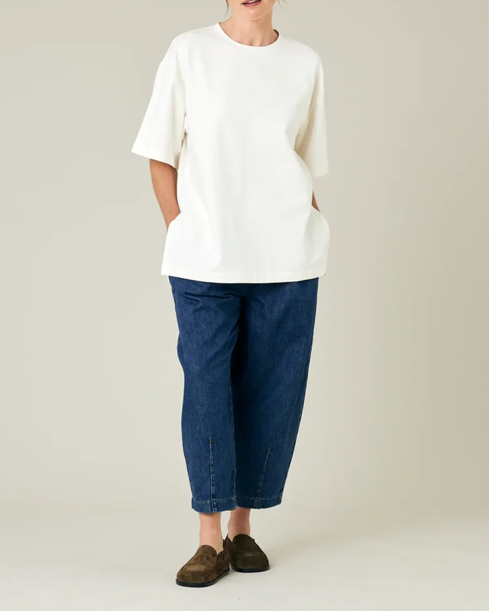OFF WHITE COTTON JERSEY SHORT DROP SLEEVE TOP