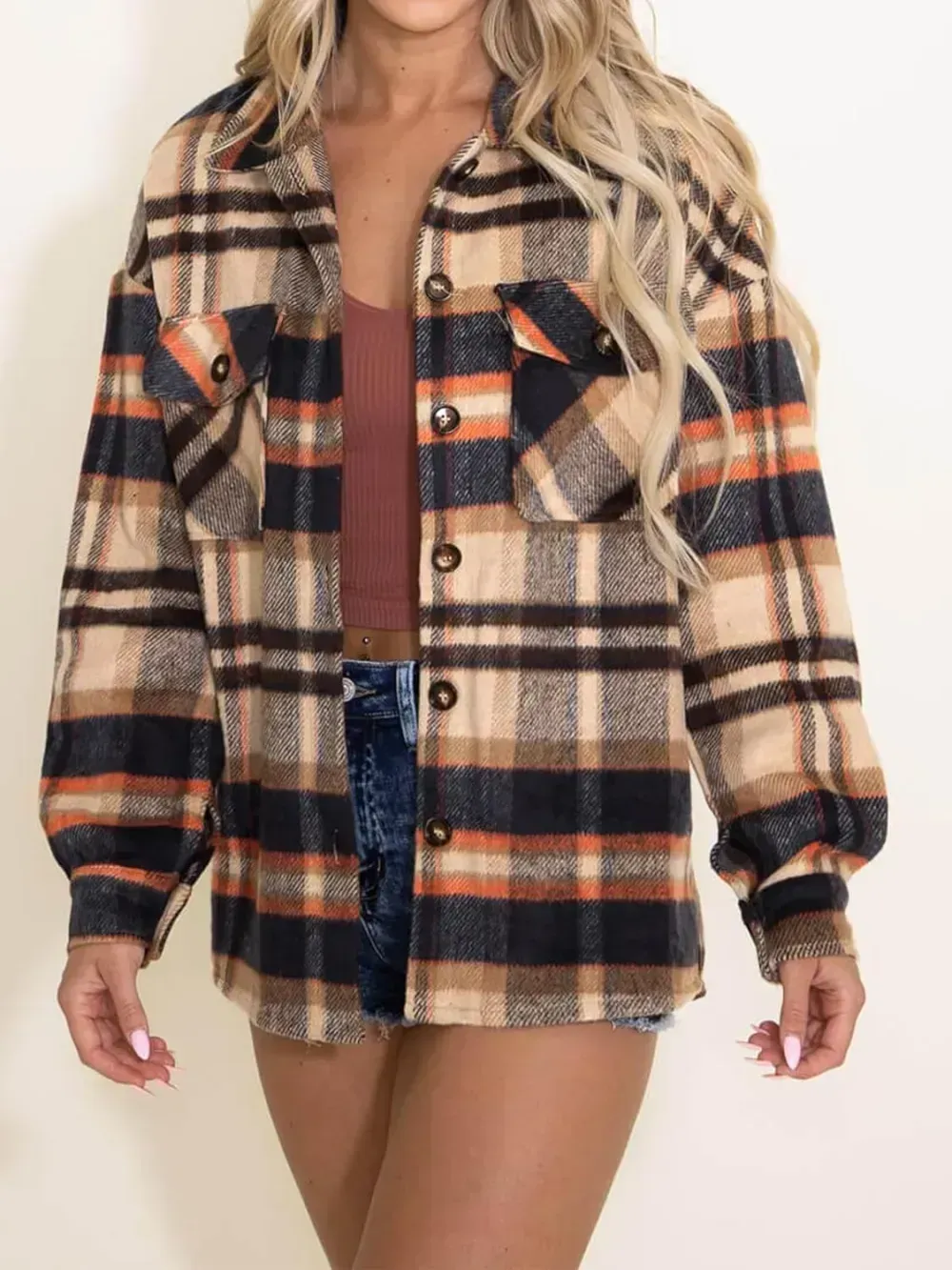 Womens Casual Plaid Shacket Button Down Long Sleeve Shirt
