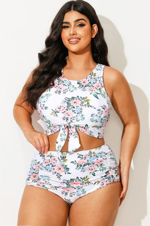 Plus Size Floral Print Knotted Crop Bikini Top