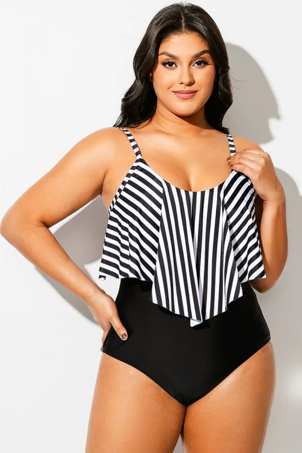 Black & White Striped Hem One Piece Swimsuit