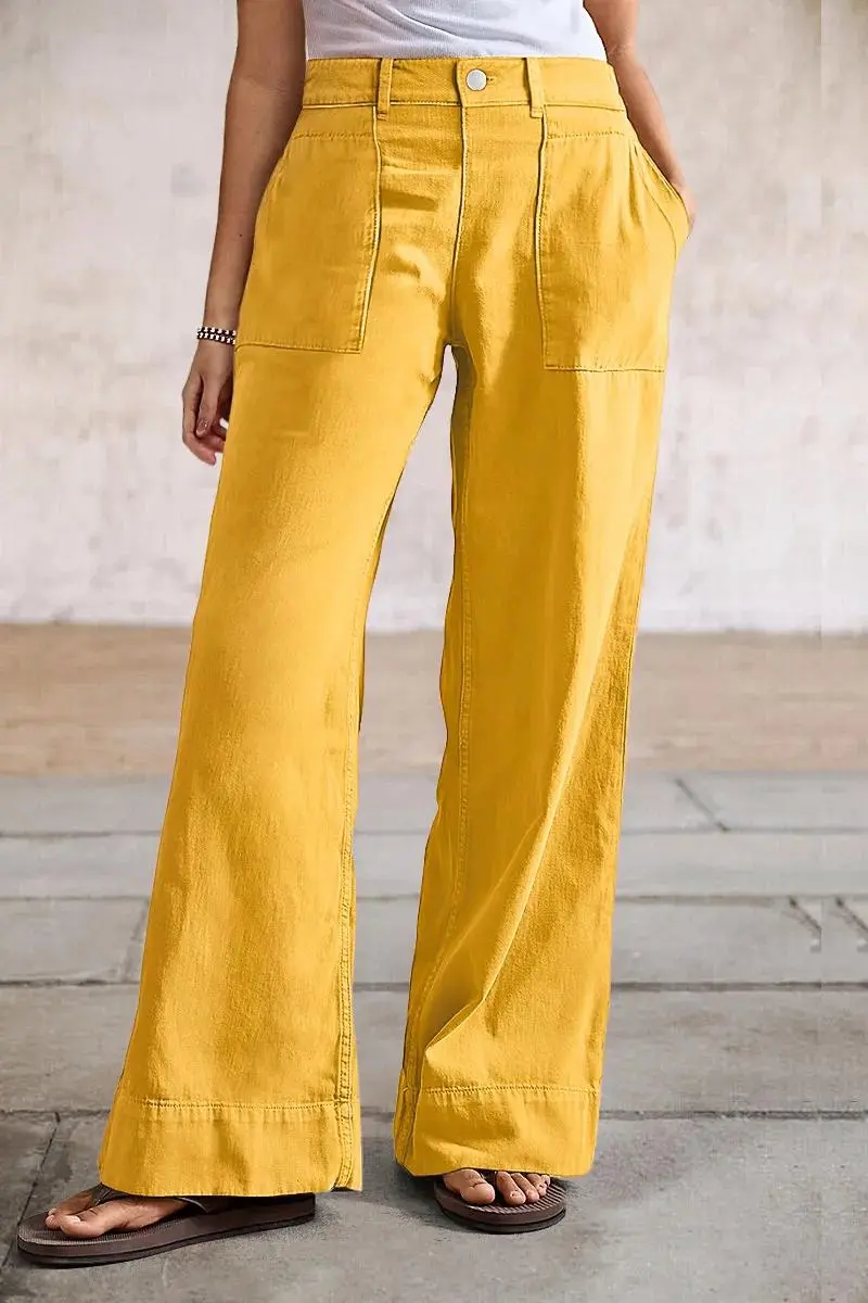 Solid Stitch Detail Mid Waist Straight Leg Pants