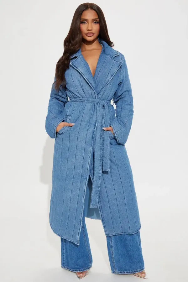 Kiara Quilted Denim Trench - Medium Wash
