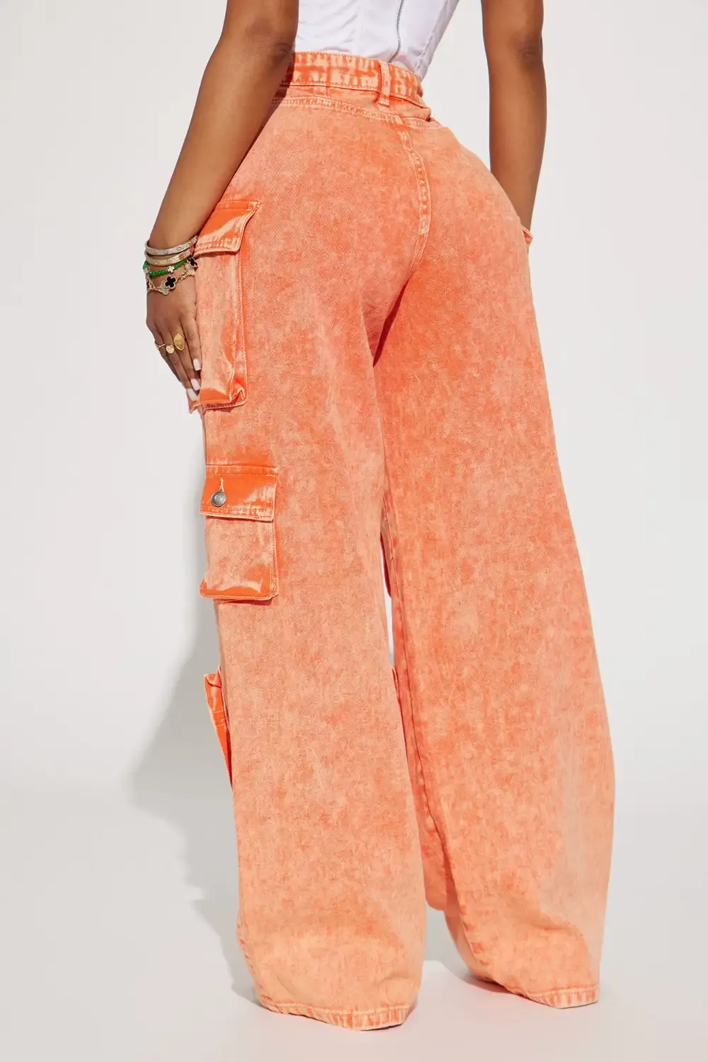 Lily High Rise Acid Wash Cargo Jeans - Orange