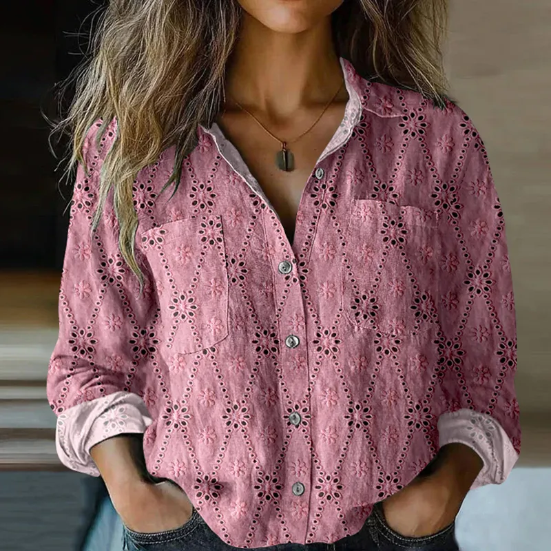Women's Elegant Lace Embroidery Art Long Sleeve Comfortable Cotton Shirt