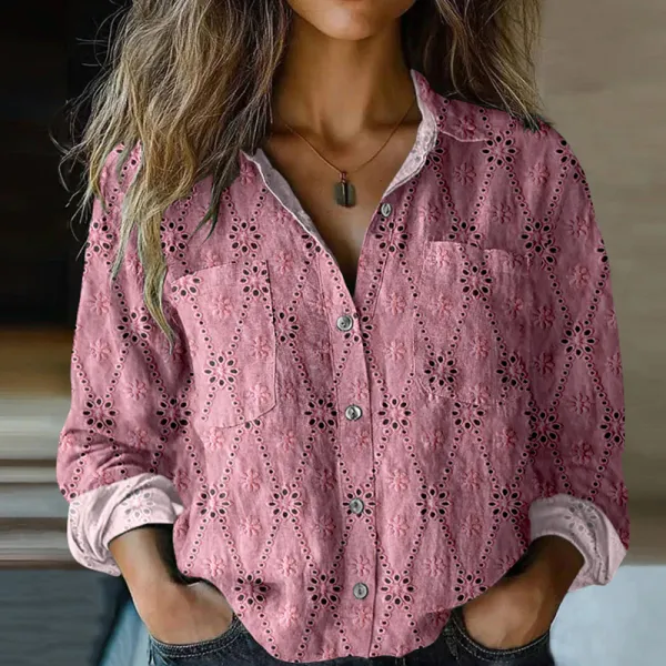 Women's Elegant Lace Embroidery Art Long Sleeve Comfortable Cotton Shirt