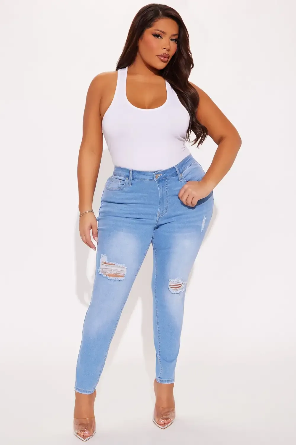 Got Spunk Destroyed High Stretch Skinny Jeans - Light Wash