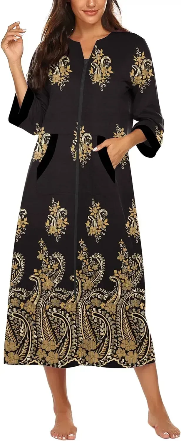 Women Zipper Robe 3/4 Sleeves Loungewear Dress Full Length Sleepwear Pockets Housecoat Nightgown Long Bathrobe