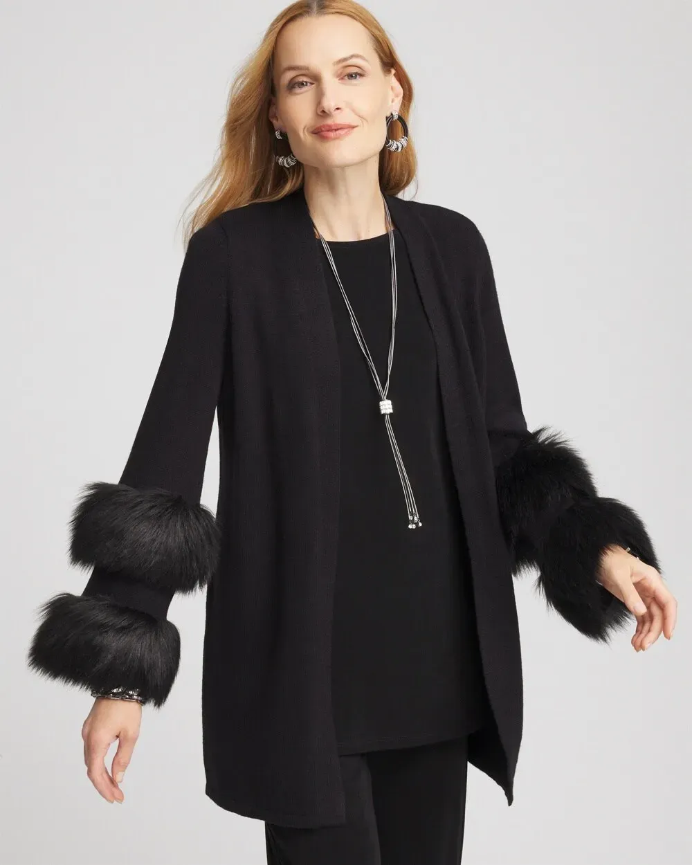 TravelersTM Collection Faux Fur Cuff Cardigan