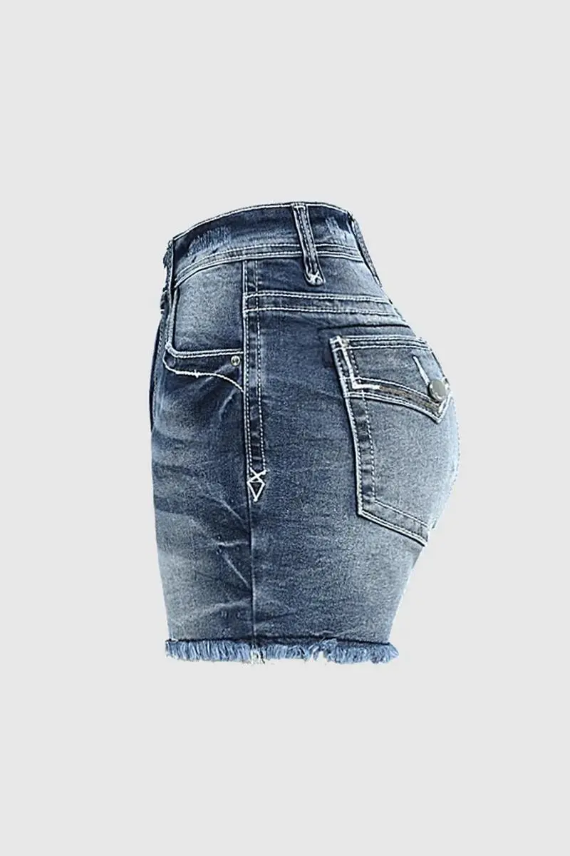 Wash Raw Hem Flap Pocket Mid Rise Denim Shorts