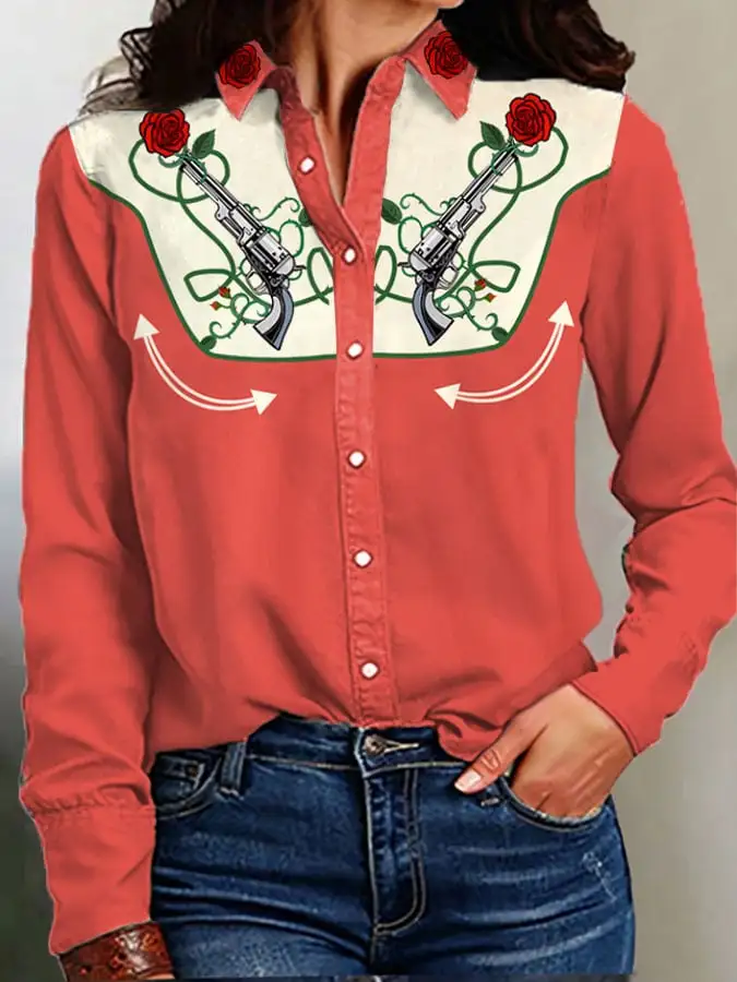 Women's Vintage Western Print Long Sleeve Shirt