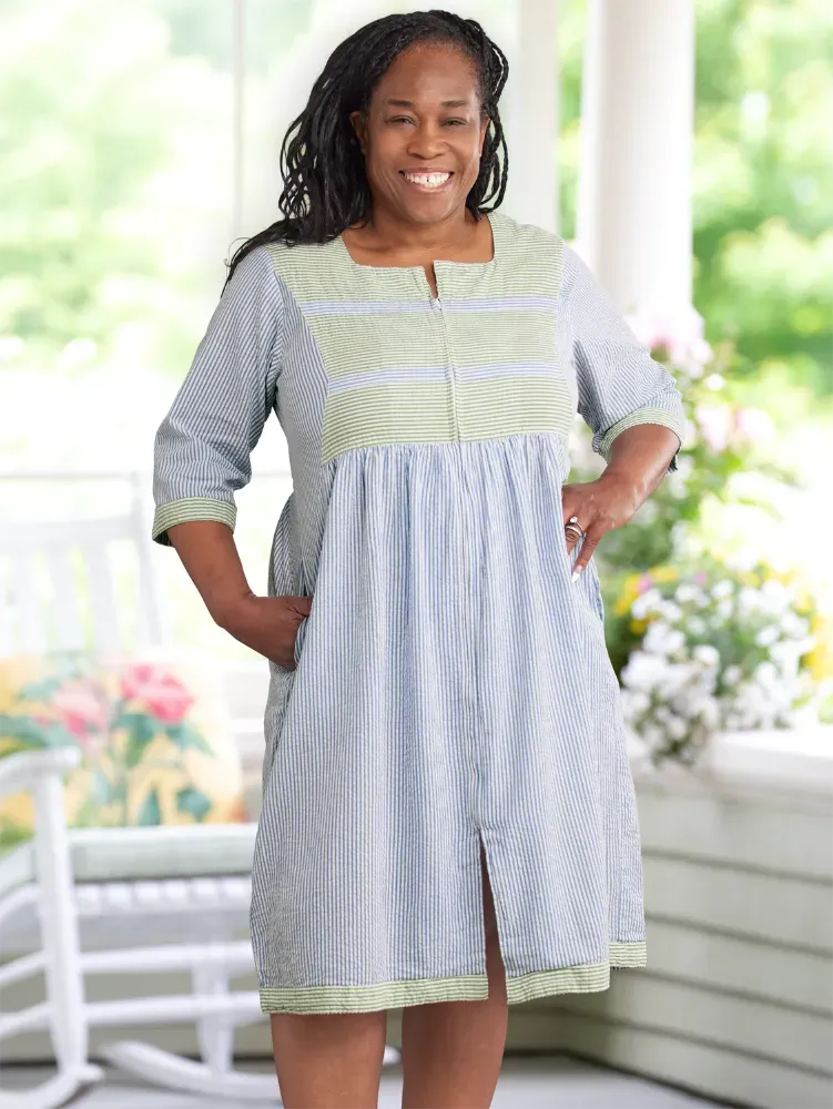 Women's Zip-Front Cotton Seersucker Duster Robe