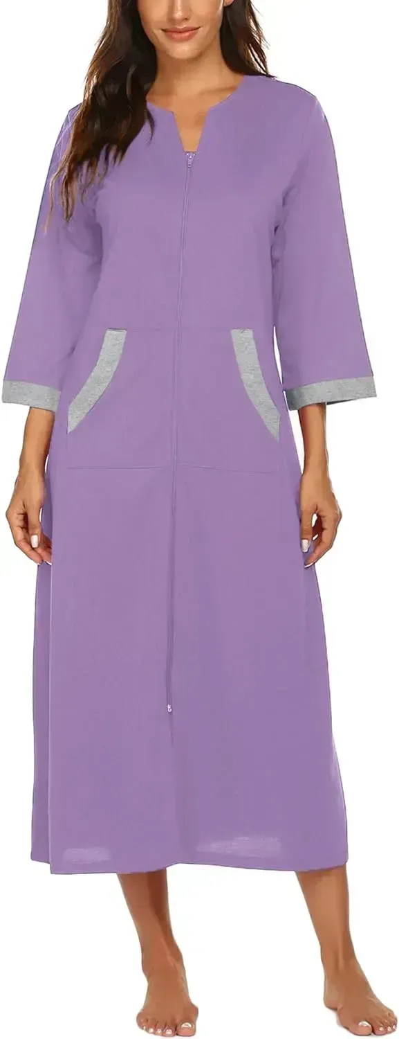 Women Zipper Robe 3/4 Sleeves Loungewear Dress Full Length Sleepwear Pockets Housecoat Nightgown Long Bathrobe