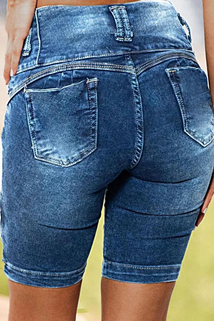Button Fly Lace Up Side Mid Thigh Denim Shorts