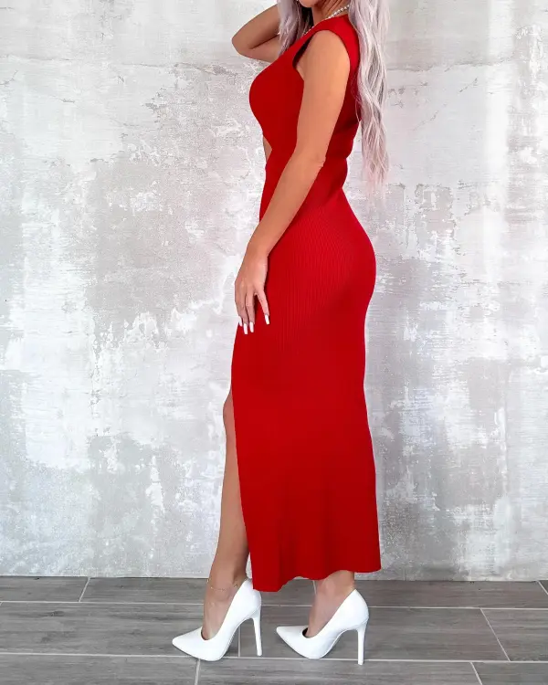 Cutout Slit Dress - Red