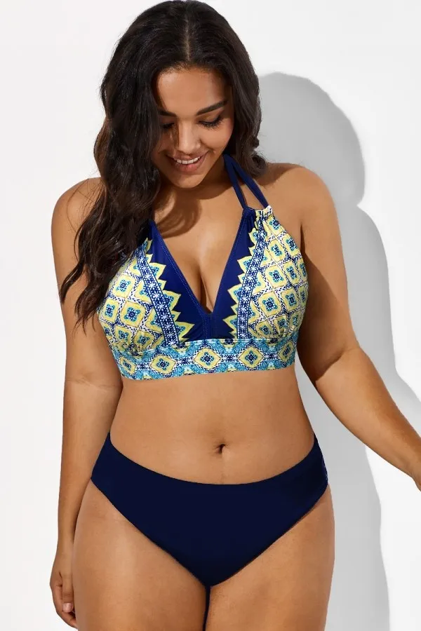 Floral Print V-Neck Halter Sexy Bikini Top