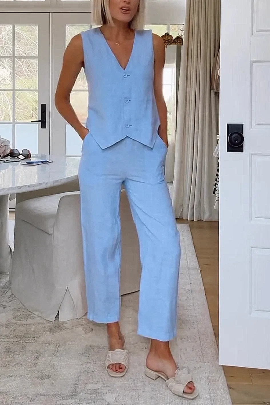 Women'S Casual Cotton And Linen Top And Pants Two-Piece Set