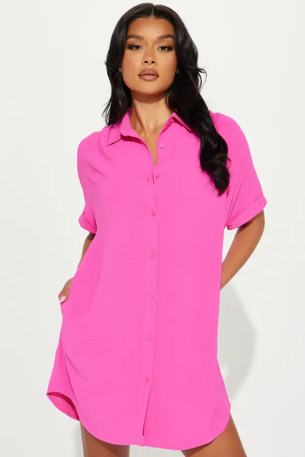 Amelia Mini Shirt Dress - Hot Pink
