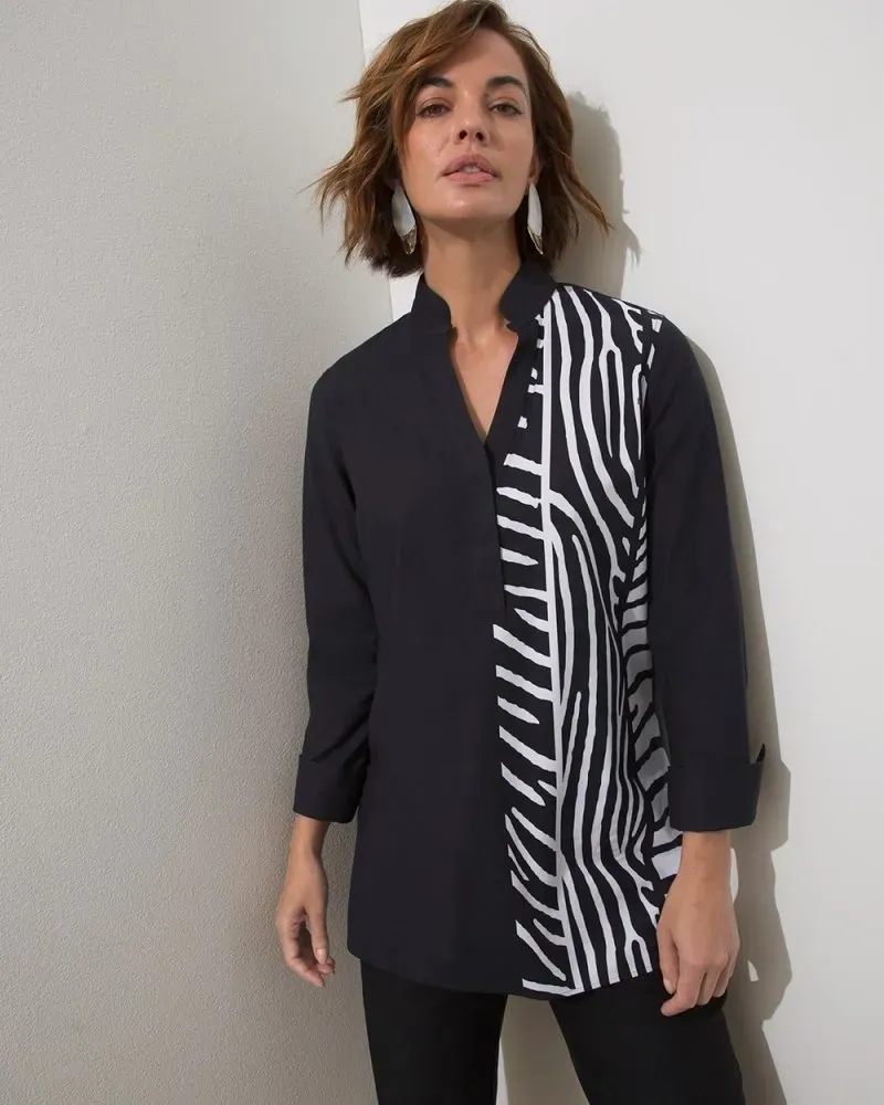 No-Iron Stretch Animal Print Tunic Black/White