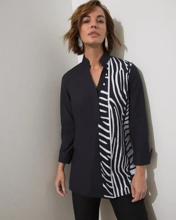 No-Iron Stretch Animal Print Tunic Black/White