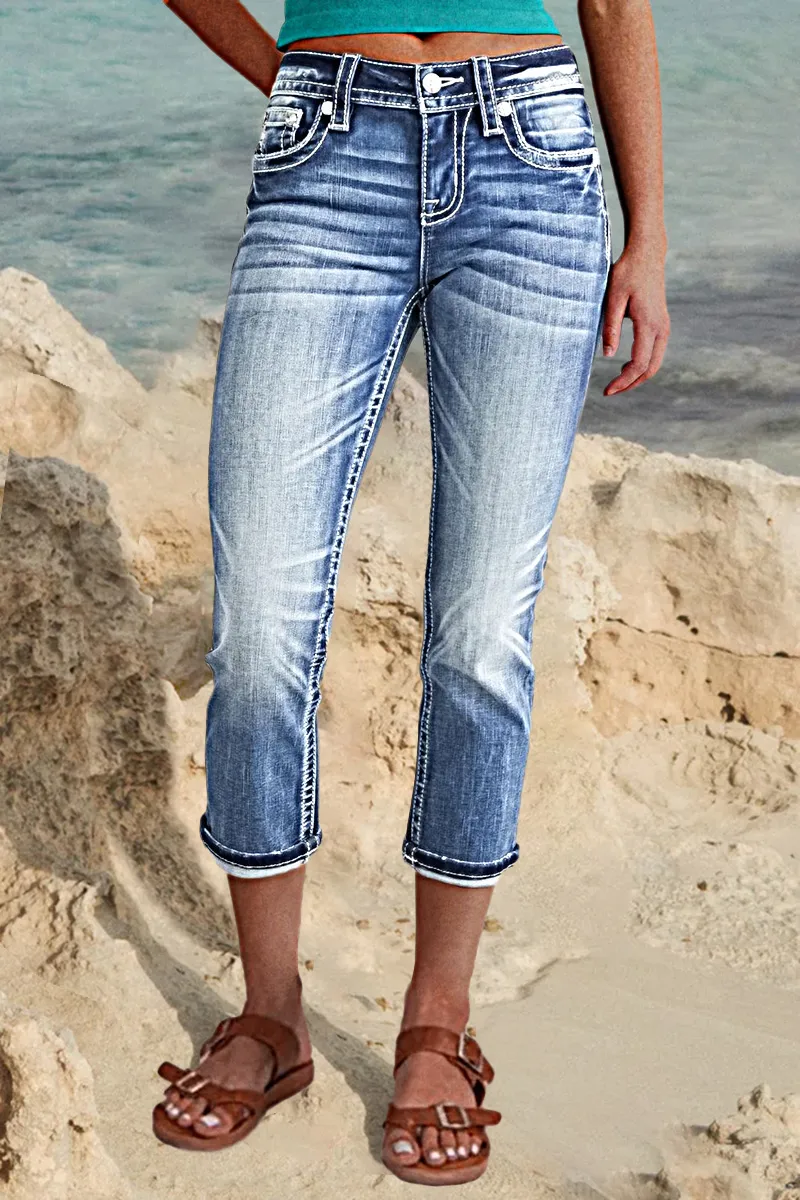 Wash Stretchy Ripped Detail Low Waist Capri Jeans