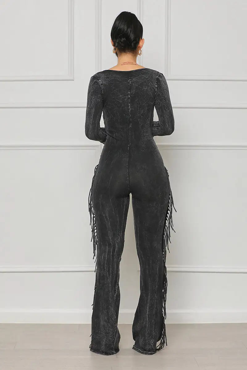 Houston Girl Fringe Jumpsuit (Black Acid Wash)
