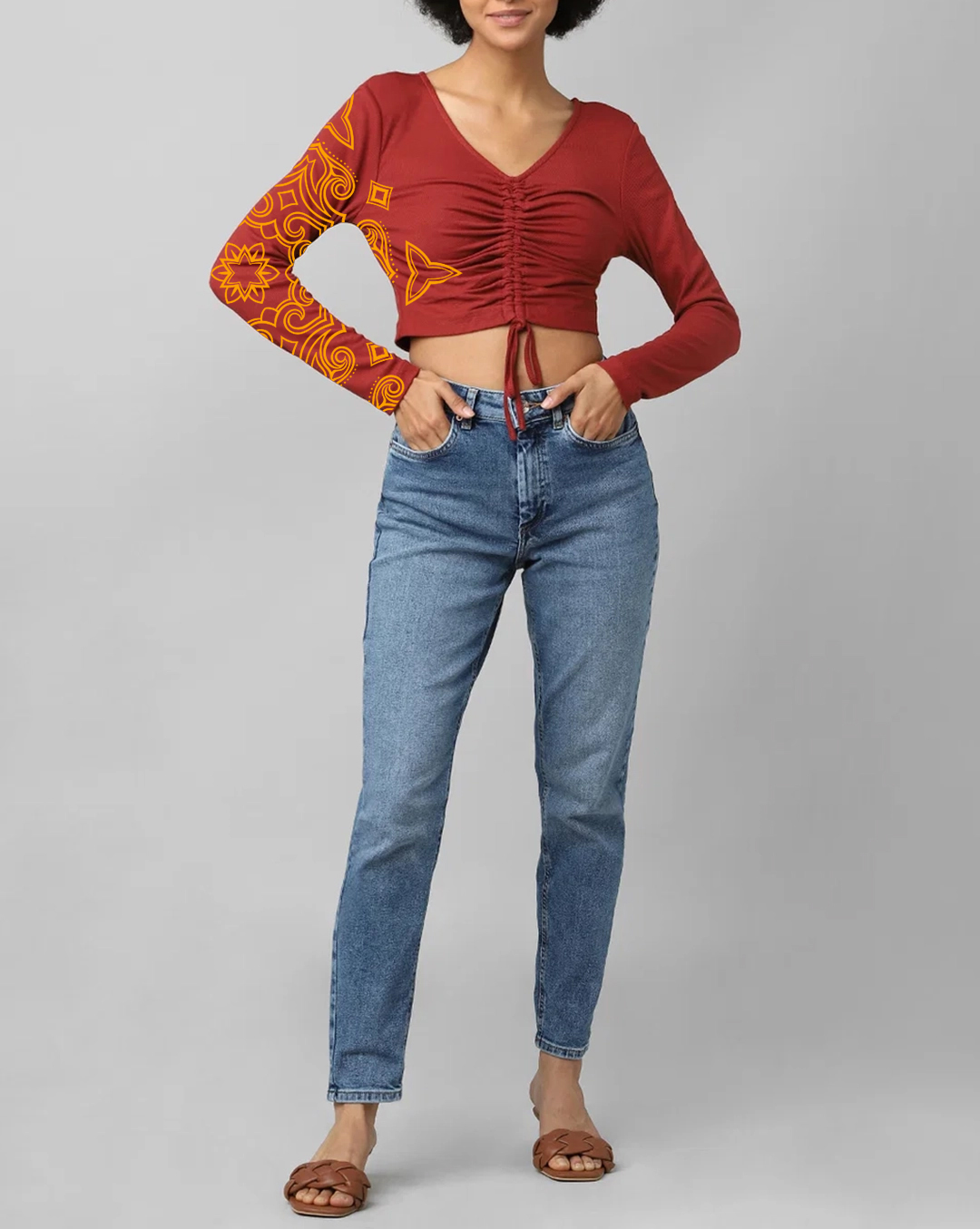 Rust Ruched Long Sleeve Cropped Top