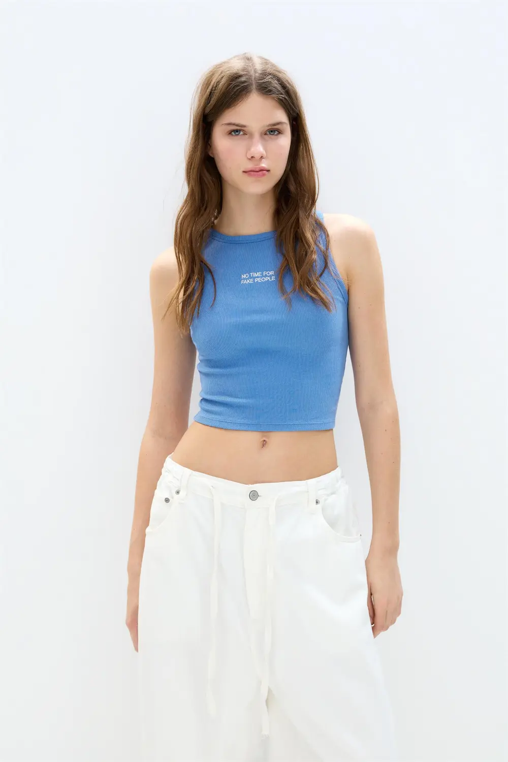 Blue tank top with slogan