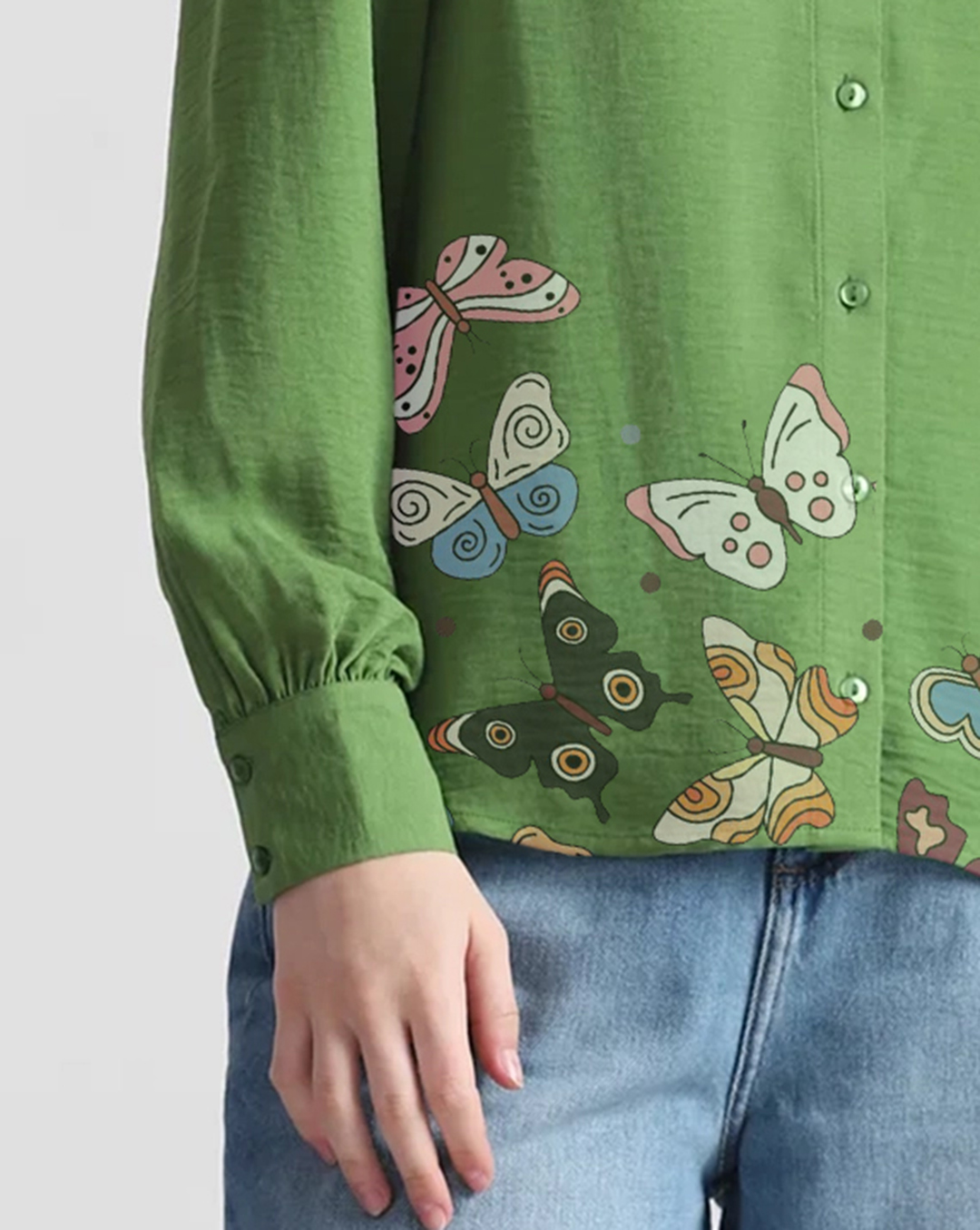 Green Puff Sleeve Textured Shirt with Butterfly Embroidery