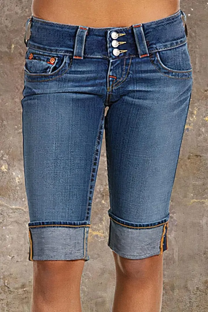 Button Up Flap Pocket Roll Hem Low Rise Denim Bermuda Shorts