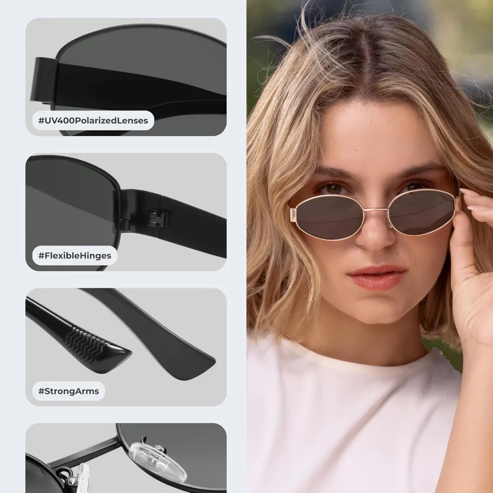 livho 2025 Trendy Oval Sunglasses - Stylish Polarized Shades for Everyday - Retro Metal Frames, Gold/Silver/Black