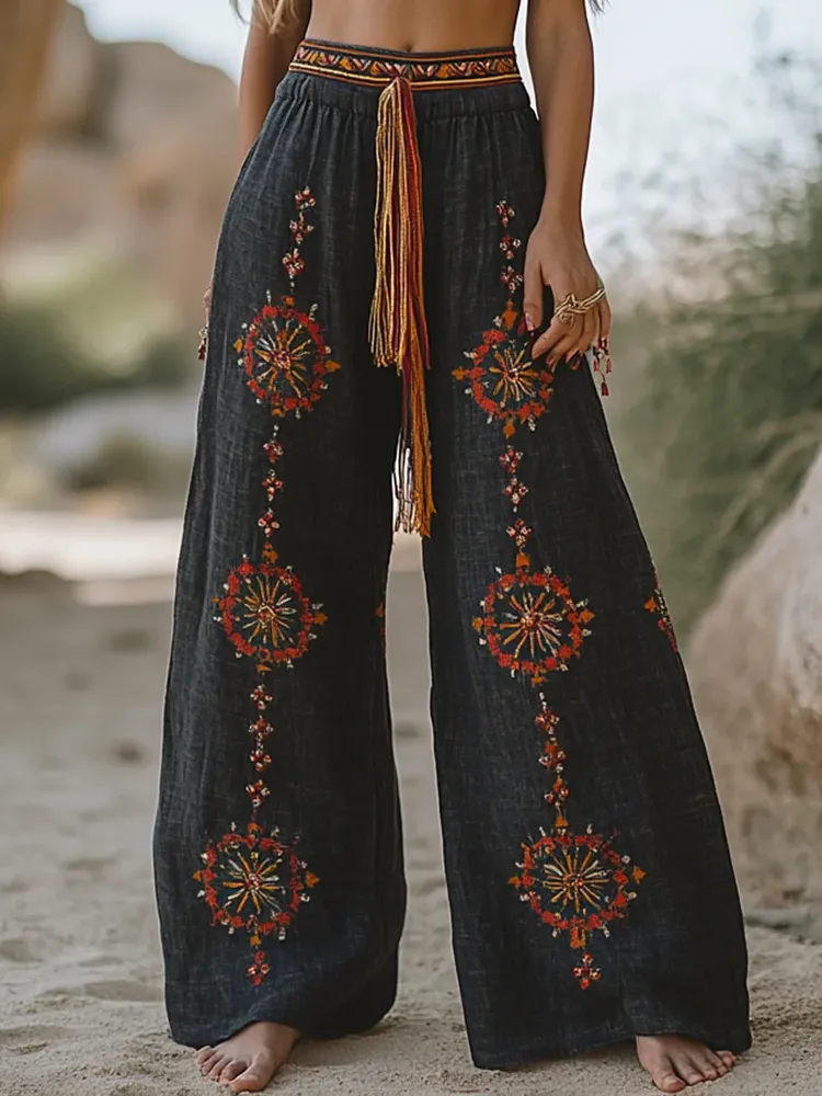 Vintage Bohemian Casual Holiday Style Linen Long Loose Wide-leg Pants