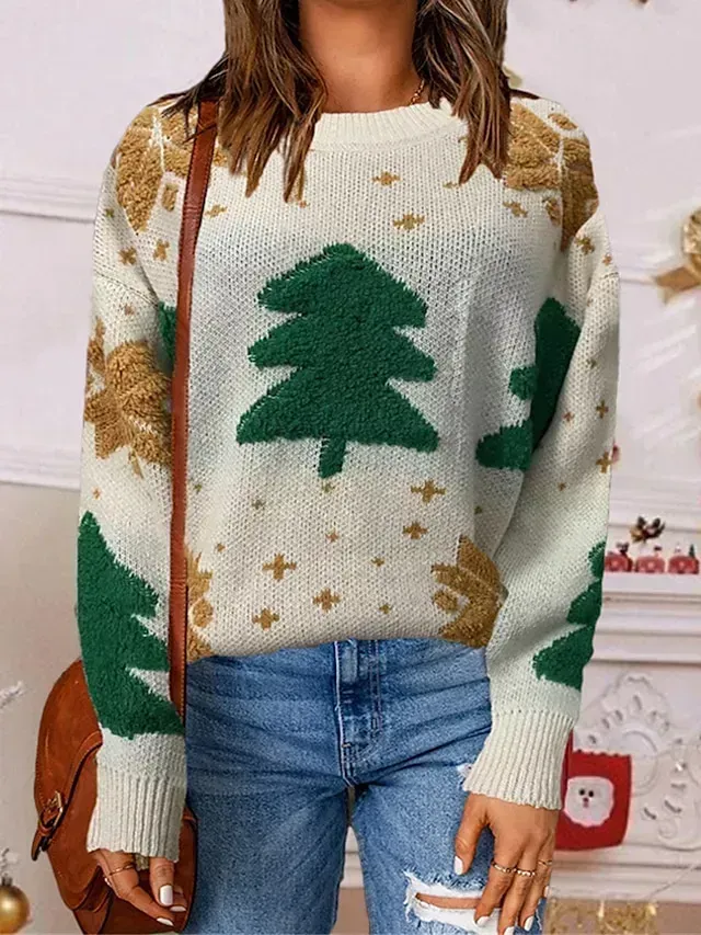Women's Ugly Christmas Sweater Pullover Sweater Jumper Crew Neck Ribbed Knit Polyester Patchwork Fall Winter Regular Outdoor Xmas Daily Stylish Casual Soft Long Sleeve Elk Striped Snowflake