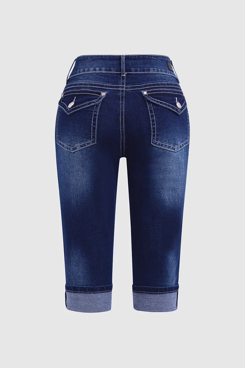 Double Button Flap Pocket Rolled Hem Low Rise Capri Jeans
