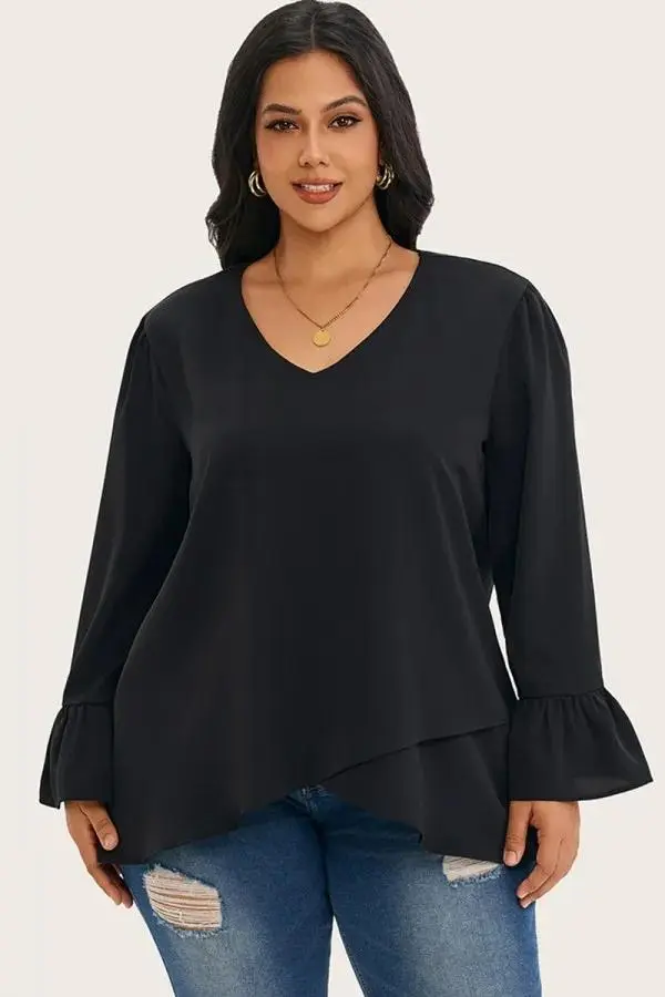 Black Asymmetrical Ruffles Sleeve Crisscross Hem Blouse