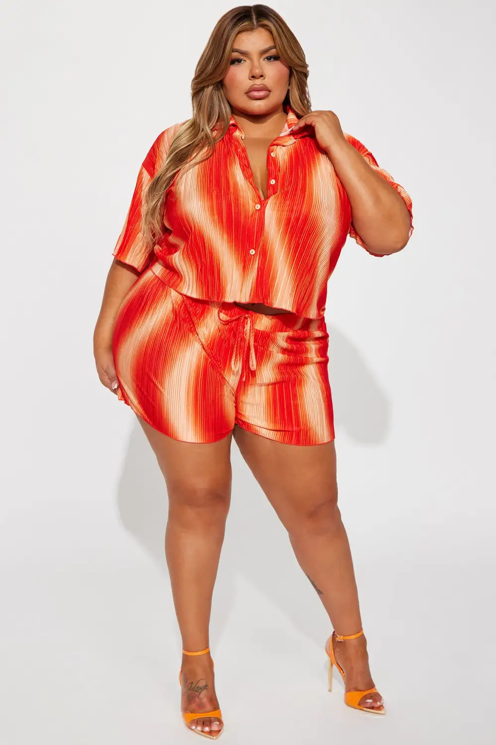Adella Plisse Short Set - Orange