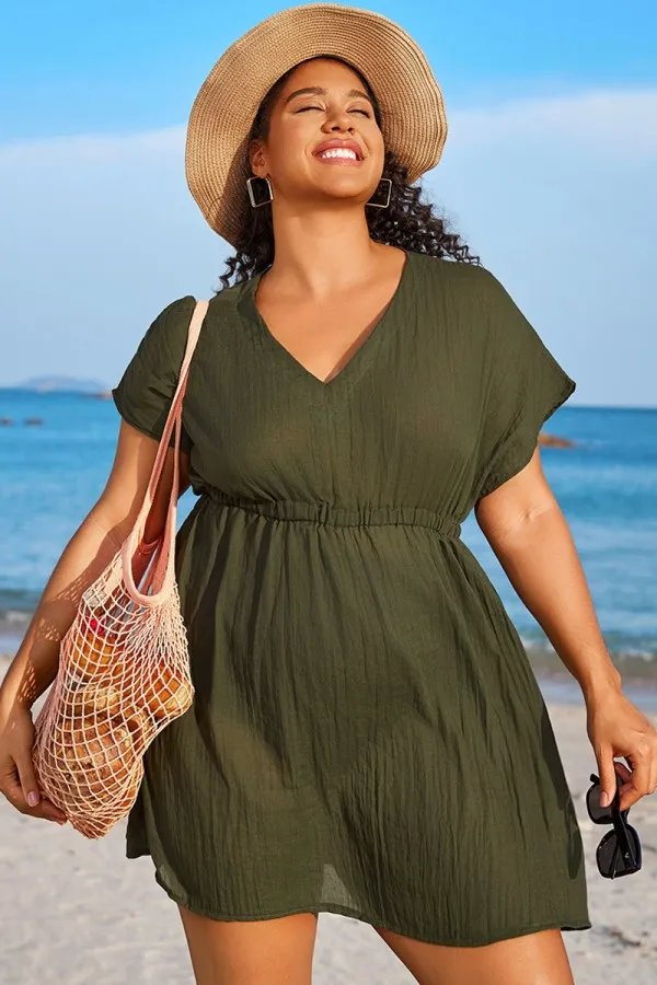 Dark Green V Neck Elastic Waisted Cover Up